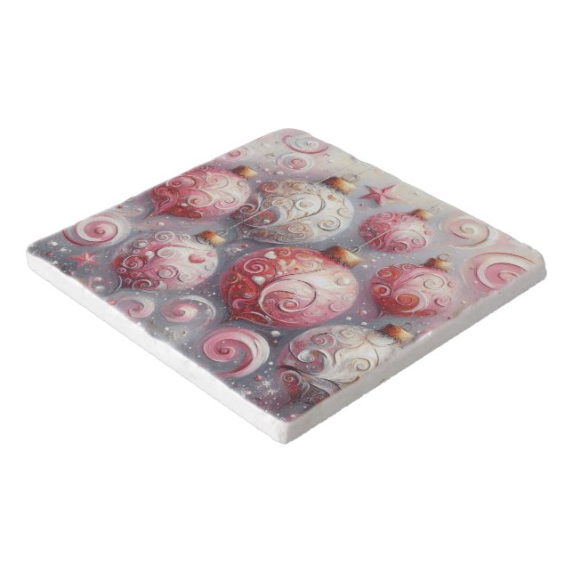 Christmas Ornament Balls Pink White w/Swirls Trivet (Corner)