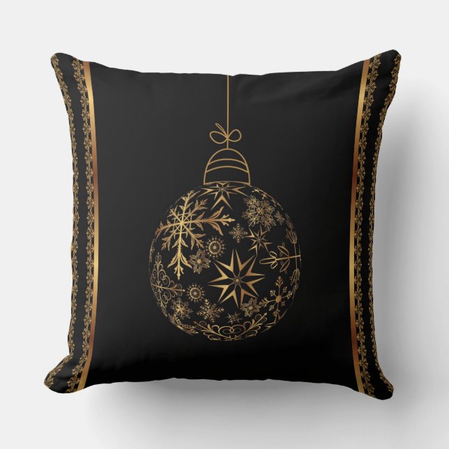 Christmas Ornament Black & Golden Square Throw Pillow (Front)