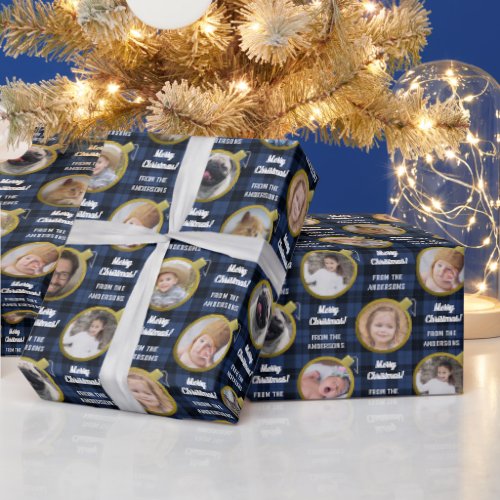 Christmas Ornament Blue Plaid Easy Photo Collage Wrapping Paper