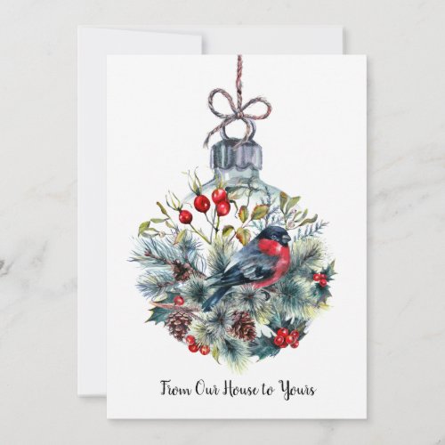 Christmas Ornament Bullfinch Pine Cones Branches Holiday Card