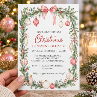 Christmas Ornament Exchange Blush Bow Greenery Holiday Card