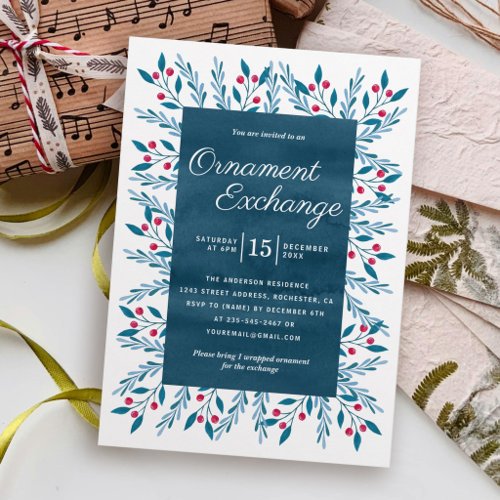 Christmas Ornament Exchange Party Blue Watercolor Invitation