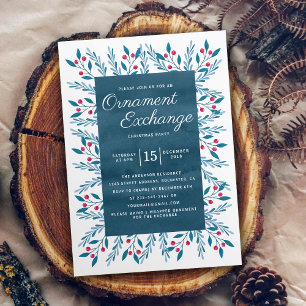 Christmas Ornament Exchange Party Blue Watercolor Invitation
