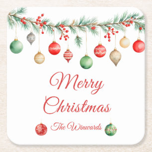 Christmas Ornament Exchange Party Garland Square Paper Coaster