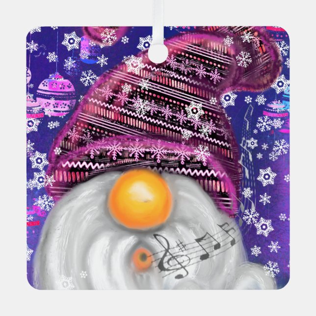 Christmas Ornament Gnome In Purple Hat Singing (Front)