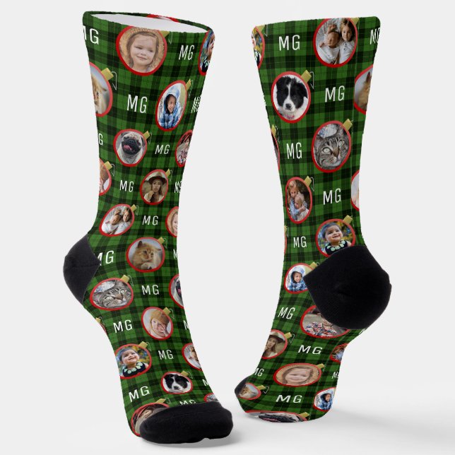 Christmas Ornament Green Plaid Easy Photo Collage Socks (Angled)