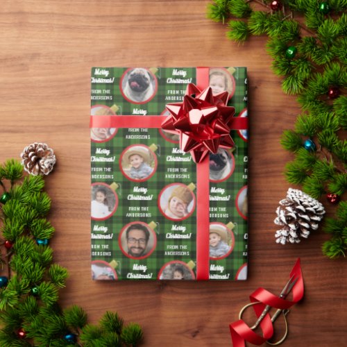 Christmas Ornament Green Plaid Easy Photo Collage Wrapping Paper