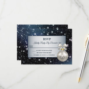 Christmas Ornament Navy Blue Shiny Stars Holidays RSVP Card