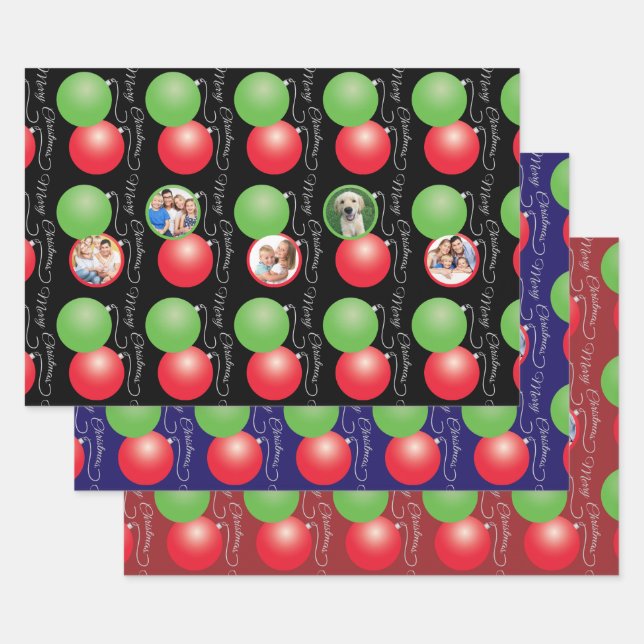 Christmas Ornament Pattern Family Photo Collage Wrapping Paper Sheets (Set)