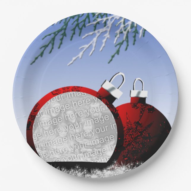 Christmas Ornament Photo Template Holiday Scene Paper Plates (Front)