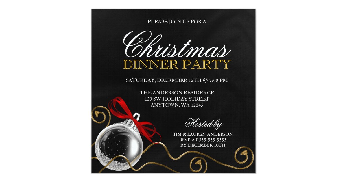 Christmas Ornament Red Bow Dinner Party Invitation ...