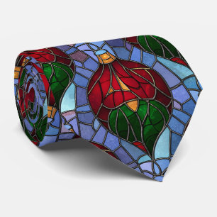 Christmas Ornament Red Green Blue Stained Glass Neck Tie