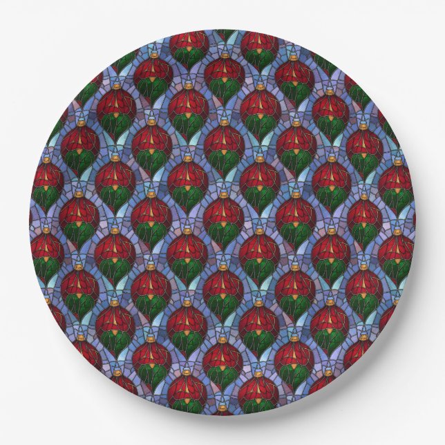 Christmas Ornament Red Green Blue Stained Glass  Paper Plates (Front)