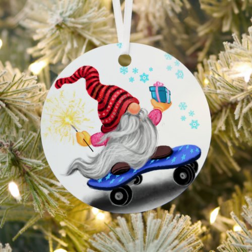 Christmas Ornament Skater Gnome with Gifts