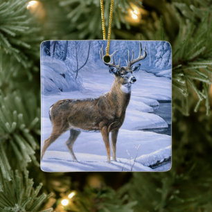 Christmas Ornament-Winter Deer Scene Ceramic Ornament
