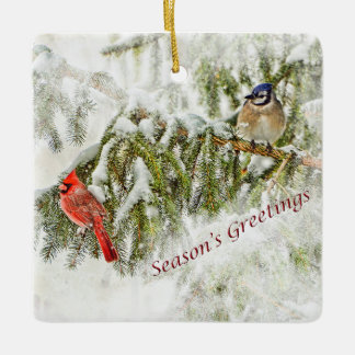 Christmas ornament with cardinal and blue jay