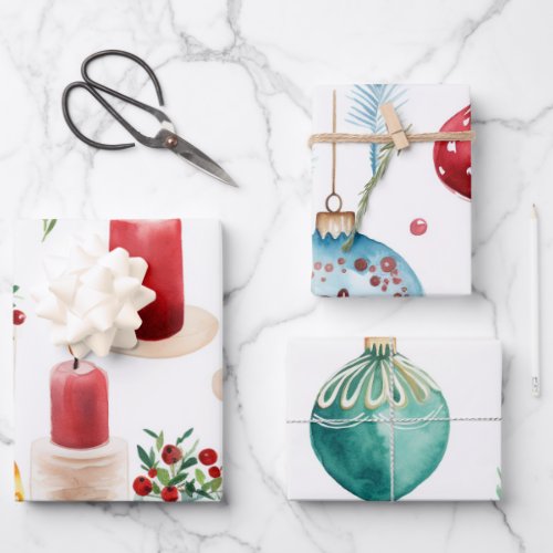 Christmas Ornaments And Candels Blue Green And Red Wrapping Paper Sheets