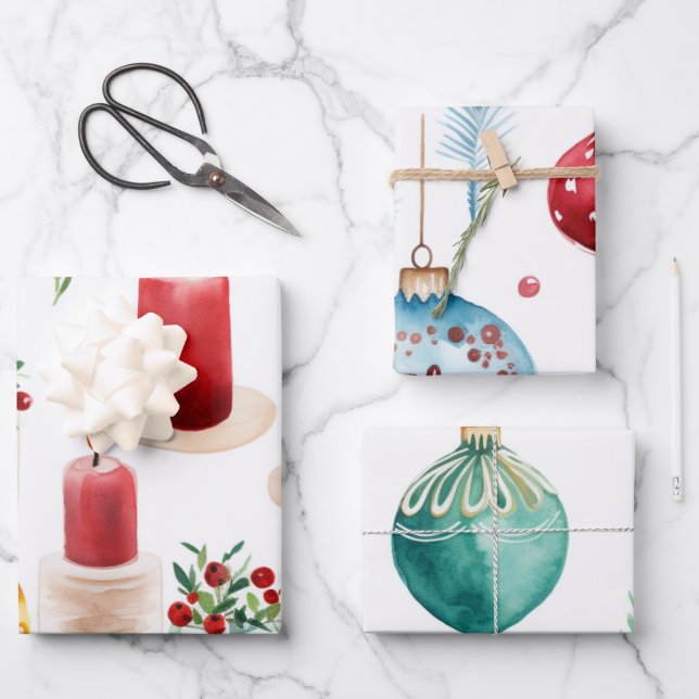 Christmas Ornaments And Candels Blue Green And Red Wrapping Paper Sheets (Front)