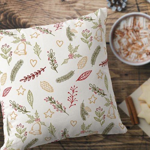 Christmas Ornaments and Festive Greenery Pattern Throw Pillow