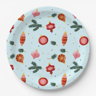 Christmas Ornaments and Fir Branches Blue Paper Plates