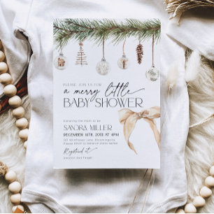 Christmas Ornaments and Neutral Bow Baby Shower Invitation