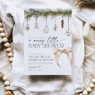 Christmas Ornaments and Neutral Bow Baby Shower Invitation