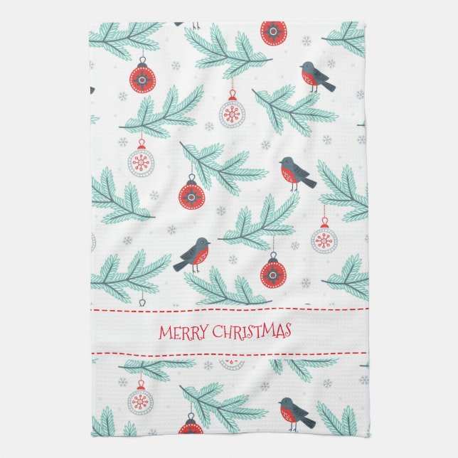 Christmas Ornaments Birds & Winter Foliage Pattern Kitchen Towel (Vertical)