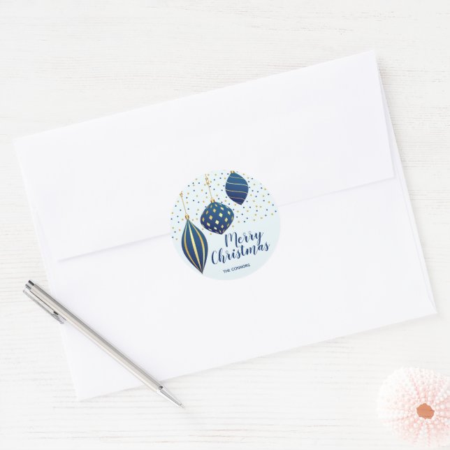 Christmas Ornaments Blue Gold SMALL Holiday Classic Round Sticker (Envelope)