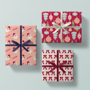 Christmas Ornaments, Bows and Santa Claus in Reds Wrapping Paper Sheets