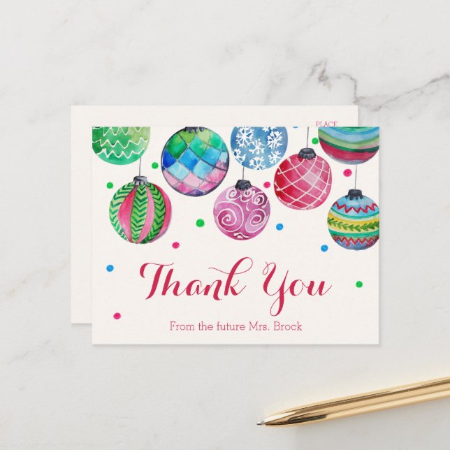 Christmas Ornaments Bridal Shower Thank You Postcard (Front/Back In Situ)