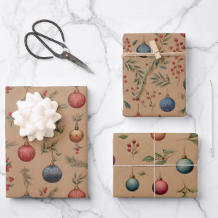 Christmas Ornaments Brown  Wrapping Paper Sheets