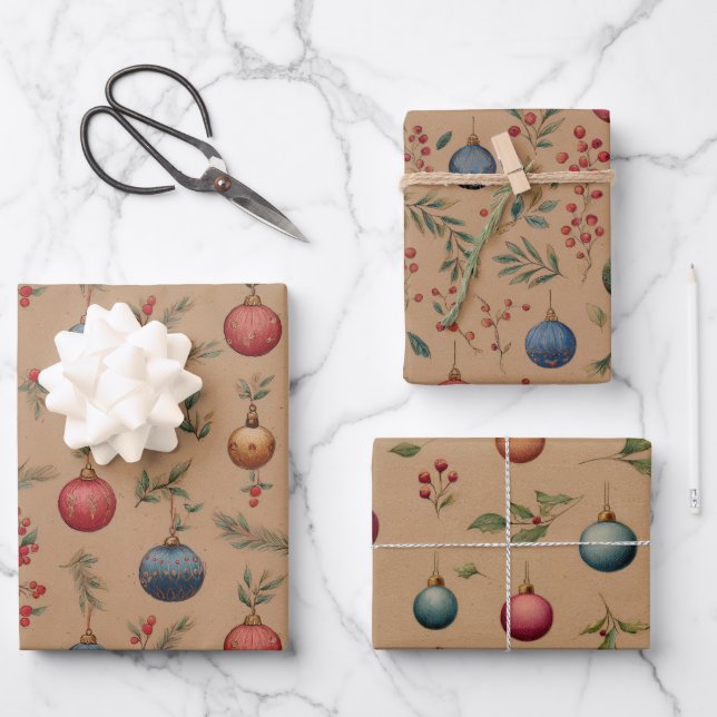 Christmas Ornaments Brown  Wrapping Paper Sheets (Front)