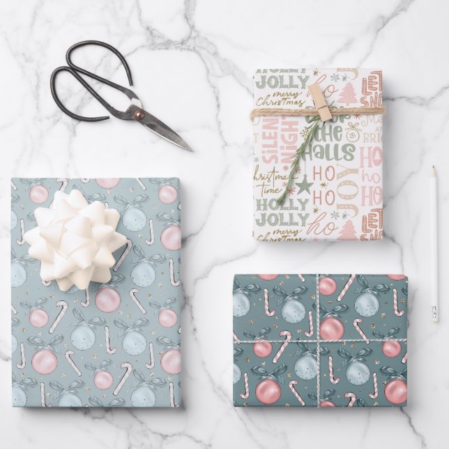 Christmas Ornaments Candy Canes Word Art Christmas Wrapping Paper Sheets (Front)
