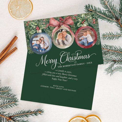 Christmas Ornaments Elegant Family 3 Photos Green Holiday Card