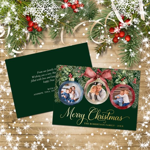 Christmas Ornaments Family Photos Green Gold Foil Holiday Card