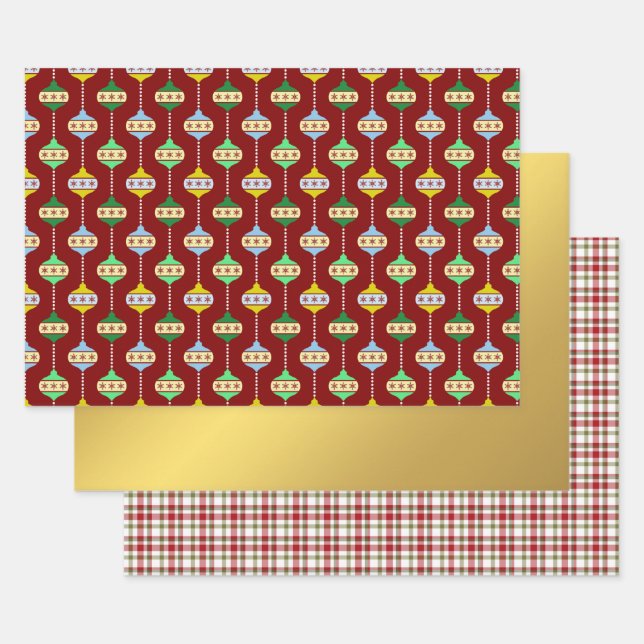 Christmas Ornaments, Gold Foil and Christmas Plaid Wrapping Paper Sheets (Set)