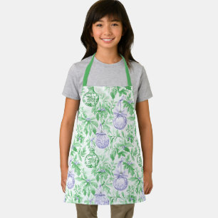 Christmas ornaments green purple toile apron