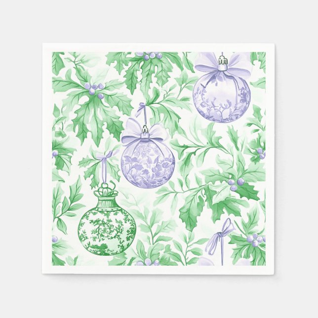 Christmas ornaments green purple toile napkins (Front)