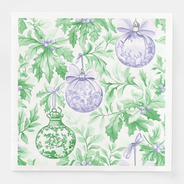 Christmas ornaments green purple toile paper dinner napkins (Front)
