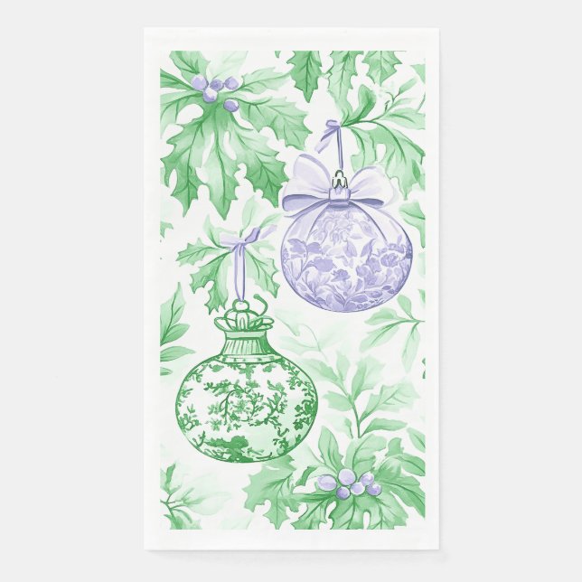 Christmas ornaments green purple toile paper guest towels (Front)
