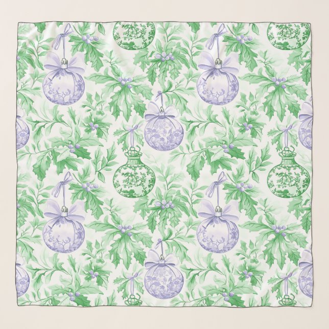 Christmas ornaments green purple toile scarf (Front)