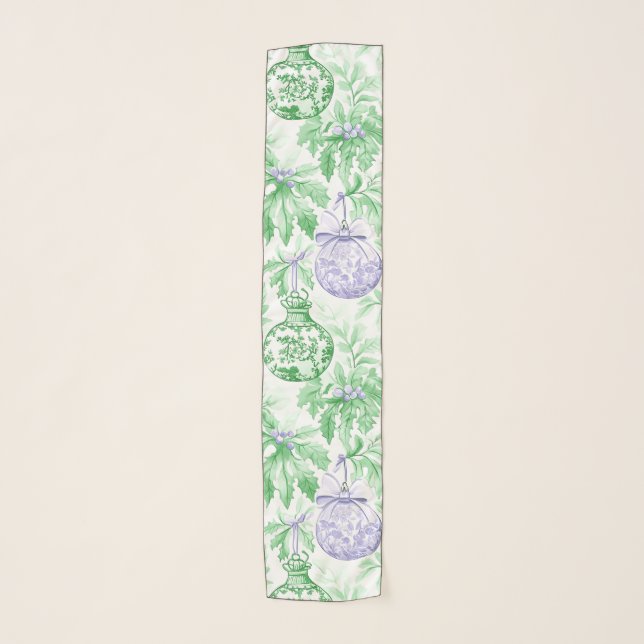 Christmas ornaments green purple toile scarf (Front)