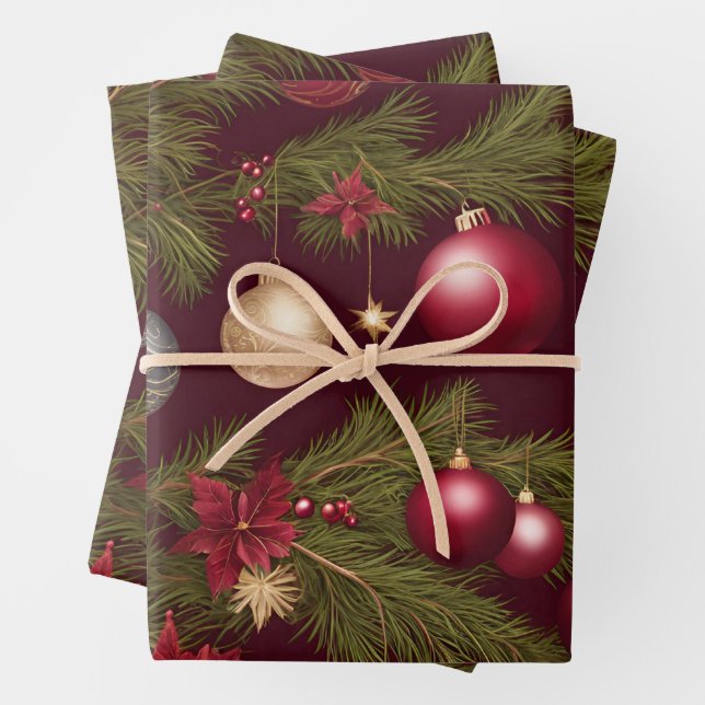 Christmas Ornaments Hanging on Christmas Tree  Wrapping Paper Sheets (In situ)