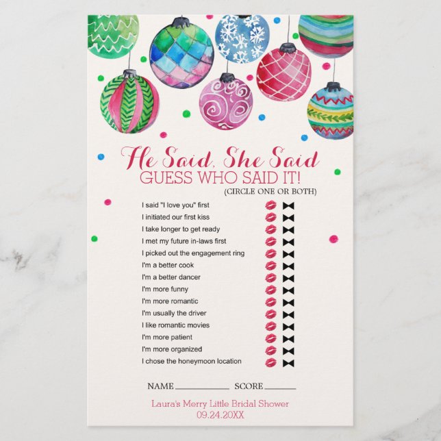 Christmas Ornaments He Said She Said Game (Front)