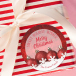 Christmas Ornaments Homemade Food Holiday Baking Classic Round Sticker<br><div class="desc">Create stickers to label your Christmas holiday homemade goods,  cookies,  candy,  treats,  party favors and more featuring red glitter ornaments and snowflakes with your message in chic lettering.</div>
