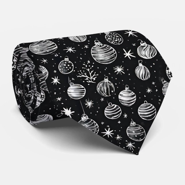 Christmas Ornaments In Black & White Line Art Neck Tie (Rolled)