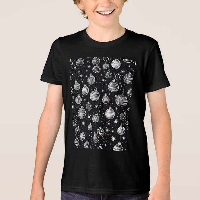 Christmas Ornaments In Black & White Line Art Tri-Blend Shirt (Front)