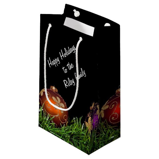 Christmas ornaments on black small gift bag (Front Angled)