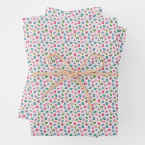 Christmas Ornaments on Pink Retro Inspired Wrapping Paper Sheets