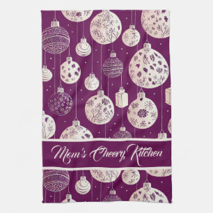 Christmas Ornaments on Plum Kitchen Towel